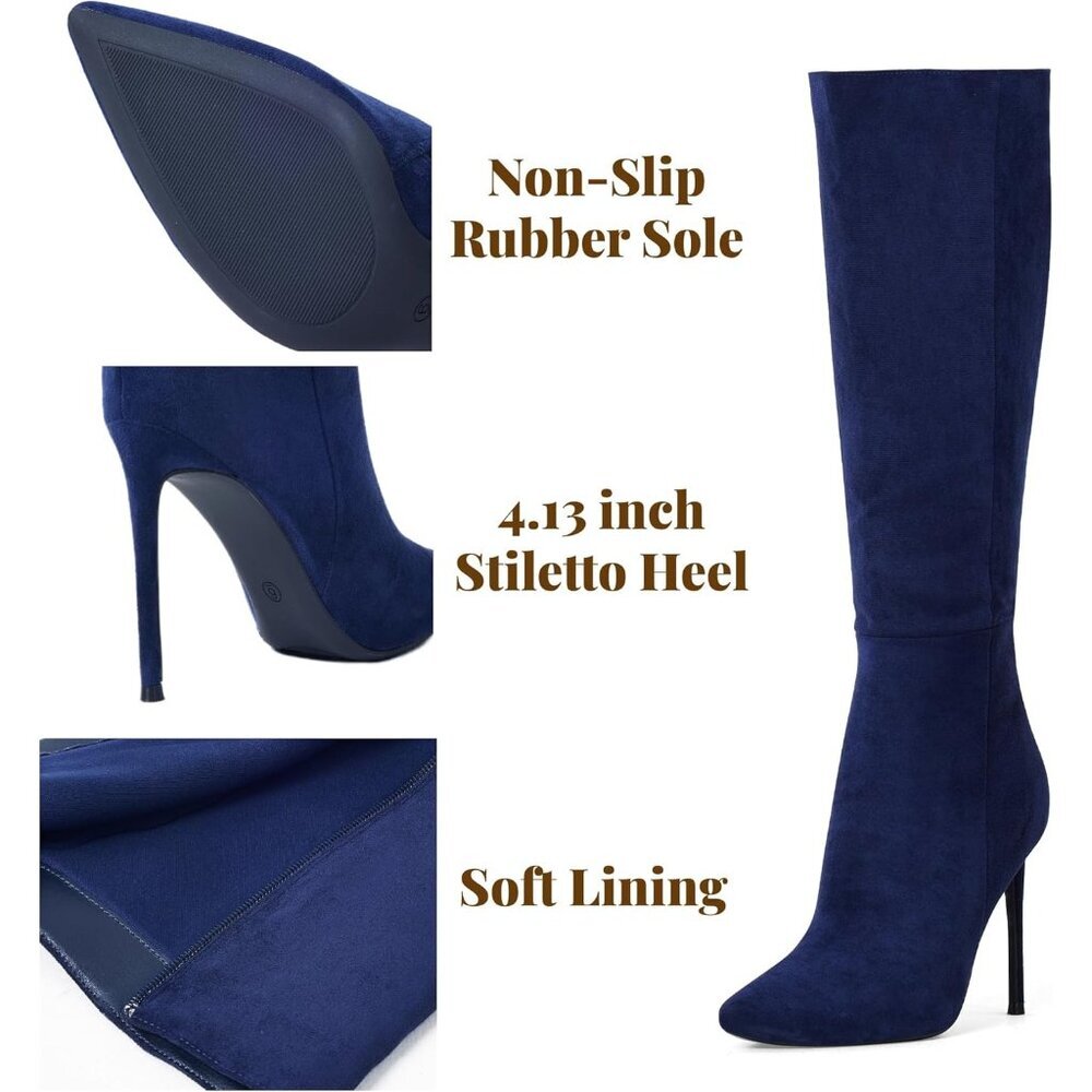 Women's Navy Blue Leather Suede Knee High Stiletto Tall Pointed Toe Stylish Boot - Picture 4 of 6